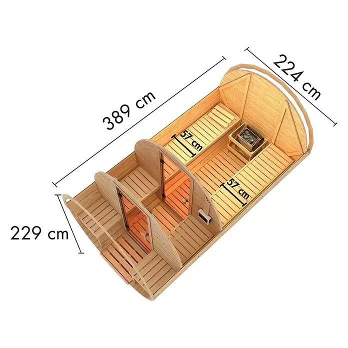 Karibu Fasssauna - L x B x H: 385 x 225 x 229 cm, 9 kW Bio-Saunaofen mit externer Steuerung, Anzahl Liegen: 4 Stk. - Holzfasssauna mit Innenbänken, Ofen und den wichtigsten Maßen.