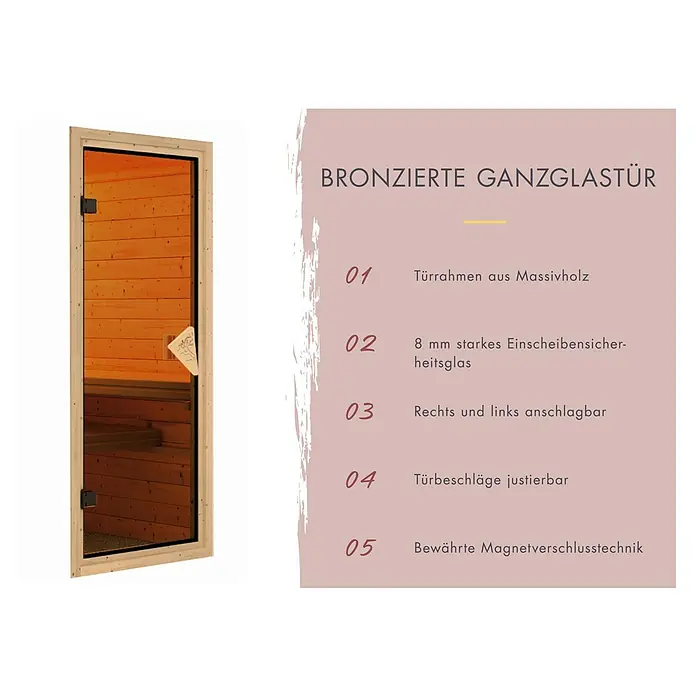 Karibu Elementsauna Taurin - Ohne Ofen, Ohne Dachkranz, L x B x H: 170 x 151 x 192 cm - Bronzierte Ganzglastür mit Türrahmen aus Massivholz und Sicherheitsglas.