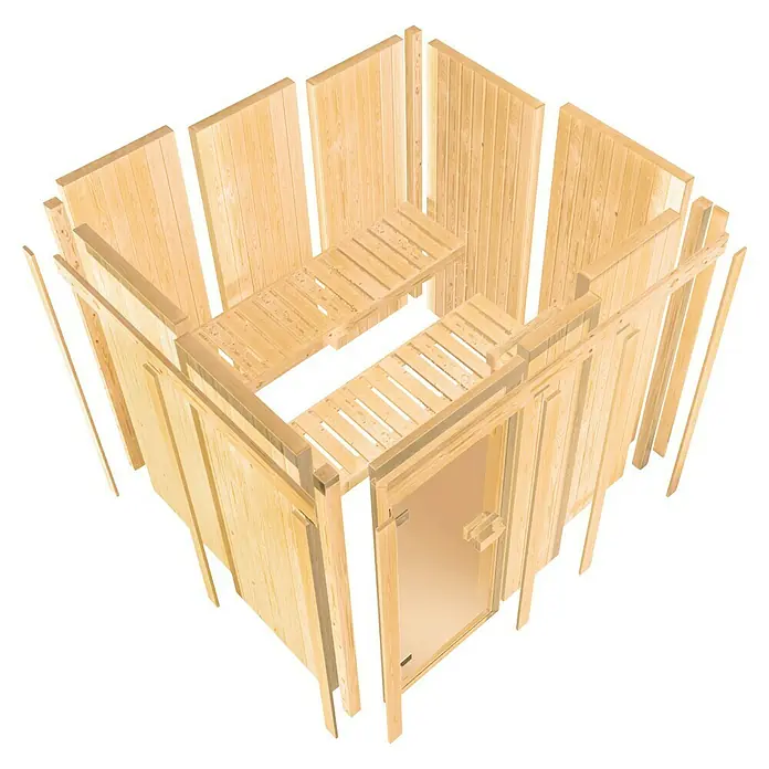 Karibu Elementsauna Taurin - Ohne Ofen, Ohne Dachkranz, L x B x H: 170 x 151 x 192 cm - Abgebildete Holzkabine mit Glastür und Holzbänken. Eine attraktive und moderne Saunakabine mit Platz zum Entspannen.