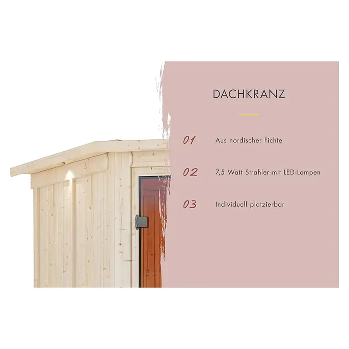Karibu Elementsauna Gobin - Mit 9 kW Ofen mit integrierter Steuerung, Mit Dachkranz und Beleuchtung, L x B x H: 245 x 210 x 192 cm - Abbildung eines Gartenhauses mit einem Dachkranz aus nordischer Fichte, ausgestattet mit 7,5-Watt-LED-Strahlern, die individuell platziert werden können.