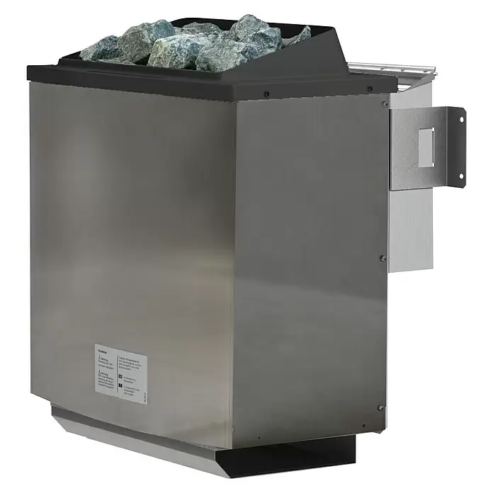 Karibu Elementsauna Katima - 9 kW Bio-Saunaofen mit externer Steuerung, L x B x H: 196 x 231 x 198 cm - Saunaofen aus Edelstahl mit grauen Saunasteinen oben.