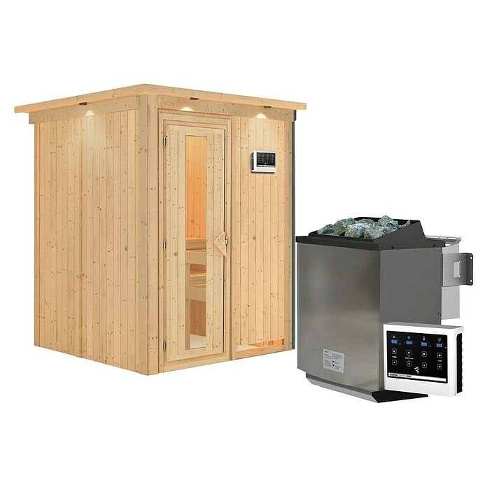 Karibu Systemsauna Norin (Mit Sauna Bio-Ofen 9 kW inkl. Steuerung Easy, Mit Dachkranz und Beleuchtung, Massivholz, 151 x 151 x 198 cm)