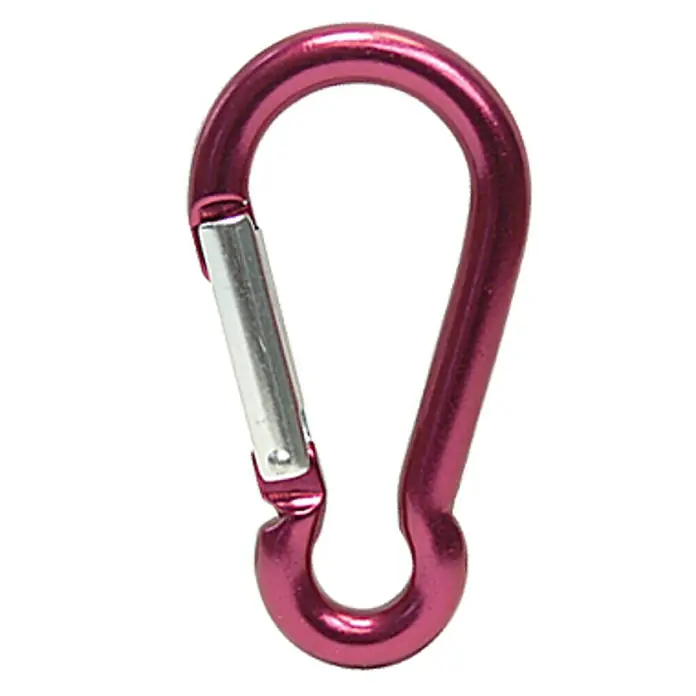 Karabinerhaken - Durchmesser: 5 mm, Länge: 50 mm, Aluminium - Pinkfarbener Karabinerhaken mit silbernem Verschluss, ein praktisches Zubehör für Outdoor-Aktivitäten und zur Befestigung von Gegenständen.