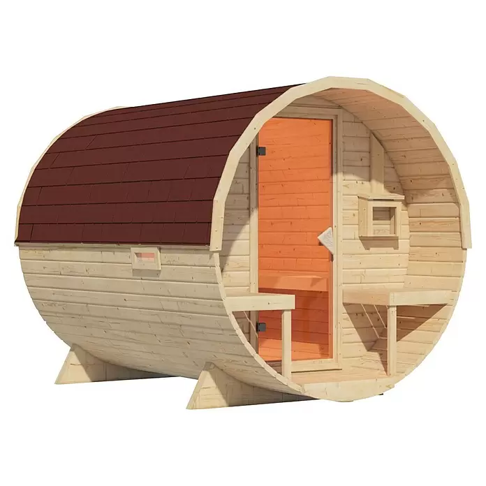 Karibu Fasssauna - L x B x H: 295 x 225 x 229 cm, Ohne Ofen, Mit roten Dachschindeln - Fassförmige Saunakabine aus hellem Holz mit rotem Schindeldach und Glastür, innen Bänke sichtbar.