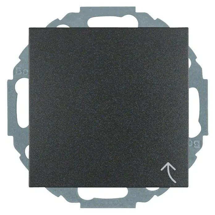 Berker S.1 Steckdose mit Klappdeckel 47441606 - Anthrazit, Kunststoff, IP20 - Nahaufnahme eines schwarzen Lichtschalters mit Pfeil auf einer grauen Halterung.