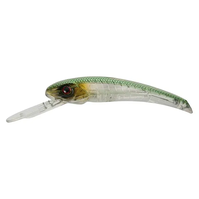 Westline Wobbler Flashside 90 DZielfisch: Barsch/Zander/Forelle, 9 cm, Mit Drillingen, WF - Ein detaillierter Köder in Fischform mit grünen Schuppen und roten Augen, ideal zum Angeln.