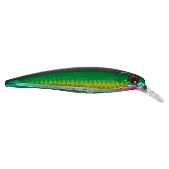 Westline Wobbler Holomo 100 - Zielfisch: Zander/Hecht, 10 cm, Mit Drillingen, GR - Grüner und gelber Hartplastik-Angelköder mit roten Augen und durchsichtiger Tauchschaufel.