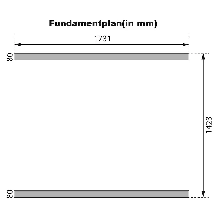 Karibu Fasssauna - L x B x H: 175 x 225 x 229 cm, Ohne Ofen, Anzahl Liegen: 2 Stk. - Fundamentplan-Diagramm mit Maßen: 1731x1423 mm Grundfläche und 80 mm Balkenbreite.