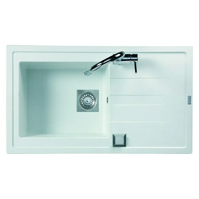Carea Einbauspüle Tango - 86 x 50 cm, Weiß, Material Spüle: CAREAgranit® - Eine moderne, weiße Küchenspüle mit einem eleganten Chromhahn, die Funktionalität und stilvolles Design in sich vereint.