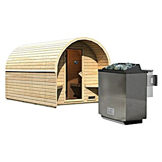 Karibu Fasssauna (L x B x H: 385 x 219 x 229 cm, 9 kW Bio-Saunaofen mit externer Steuerung)
