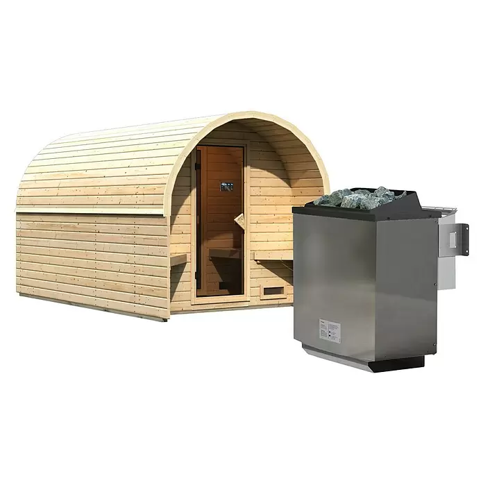 Karibu Fasssauna - L x B x H: 385 x 219 x 229 cm, 9 kW Bio-Saunaofen mit externer Steuerung - Helle Holzfasssauna mit Tür und separatem metallischen Saunaofen mit Steinen.