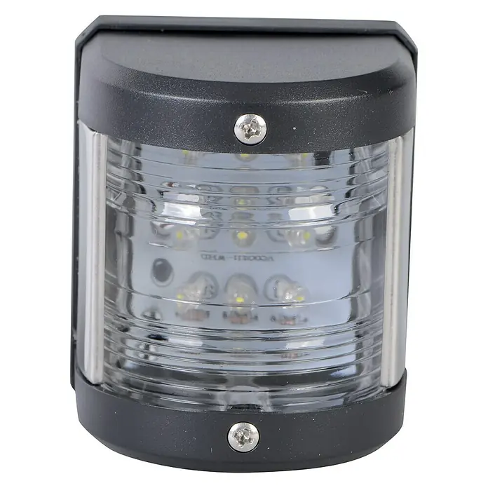 Talamex LED-Hecklaterne - 55,5 x 64,4 x 75 mm, 12 V, 0,54 W, Schwarz, Lichtfarbe: Neutralweiß - Nahaufnahme einer Bootsnavigationsleuchte mit LED-Technologie, ideal für die Sicherheit auf dem Wasser.