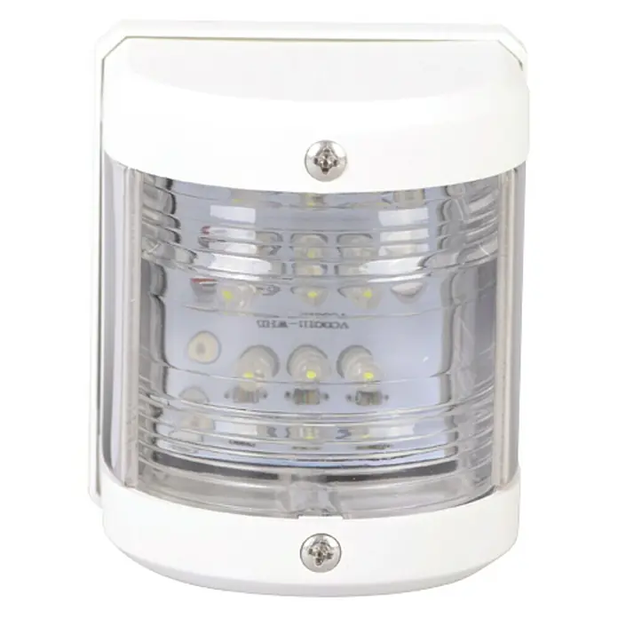 Talamex LED-Hecklaterne - 55,5 x 64,4 x 75 mm, 12 V, 0,54 W, Weiß, Lichtfarbe: Neutralweiß - Nahaufnahme einer weißen LED-Navigationsleuchte für Boote mit klarem Gehäuse, ideal für die Sicherheit auf dem Wasser.
