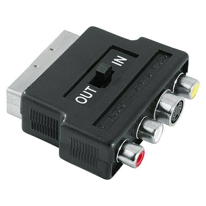 Hama Videoadapter3 x Cinch-Kupplung, 1 x Scart-Stecker, 1 x S-Video-Kupplung, IN/OUT-Schalter Front View