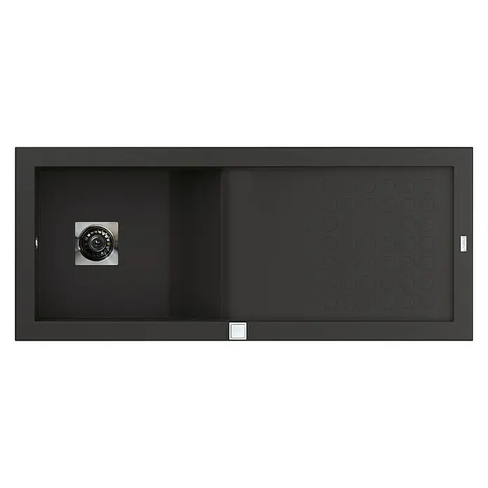 Carea Einbauspüle Vague - 118 x 50 cm, Schwarz, Material Spüle: CAREAgranit® - Bild einer schwarzen Spüle mit zwei Becken, eines mit Abfluss und eines mit Rillen. Die Spüle ist minimalistisch und modern gestaltet.