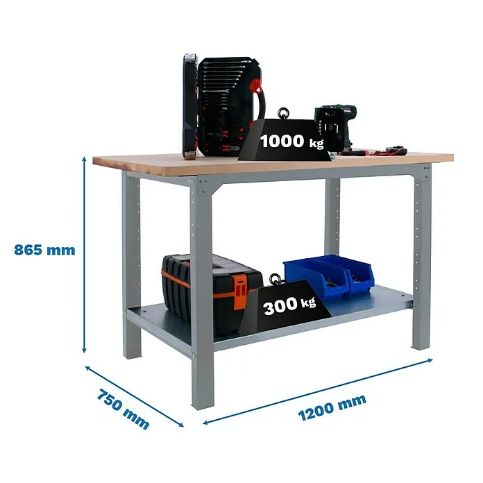 Simonrack Simonwork Banco de trabajo BT6 PRO Laminate - L x An: 75 x 120 cm, Altura de trabajo: 86,5 cm, Carga soportada: 1.300 kg, Gris - Imagen de producto de un banco de trabajo con diversas herramientas y especificaciones de peso. Construcción robusta para tareas de taller.