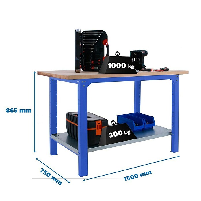 Simonrack Simonwork Banco de trabajo BT6L PRO Laminate (L x An: 75 x 150 cm, Altura de trabajo: 86,5 cm, Carga soportada: 1.300 kg, Azul) | BAUHAUS
