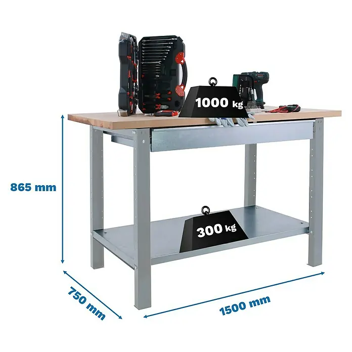 Simonrack Simonwork Werkbank BT6L PRO 1BOX 1500 - L x B: 75 x 150 cm, Arbeitshöhe: 86,5 cm, Belastbarkeit: 1.335 kg, Grau/Holz - Werkbank mit Schublade, belastbar bis 1000 kg oben und 300 kg unten, Maße: 1500x750x865 mm. Ideal für Werkstattarbeiten.