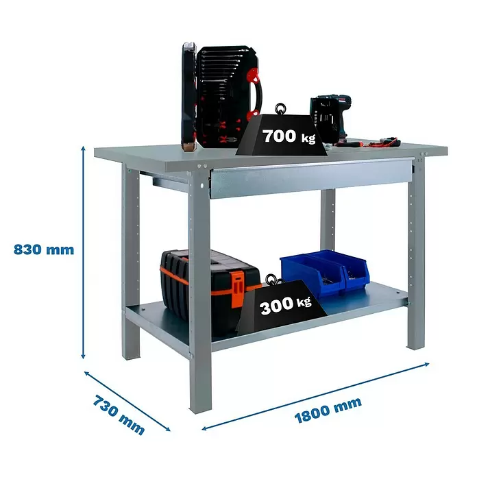 Simonrack Simonwork Werkbank BT6L PRO METAL 1BOX 1800 - L x B: 73 x 180 cm, Arbeitshöhe: 83 cm, Belastbarkeit: 1.035 kg, Grau - Graue Metallwerkbank mit zwei Ablagen, einer Schublade und Belastbarkeiten von 700 kg (oben) und 300 kg (unten), Maße 830x1800x730 mm.