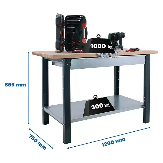 Simonrack Simonwork Werkbank BT6 PRO BOX 1200 - L x B: 75 x 120 cm, Arbeitshöhe: 86,5 cm, Belastbarkeit: 1.335 kg, Schwarz/Holz - Robuste Werkbank mit Holzplatte, Metallrahmen, 1000kg Traglast oben, 300kg unten. Maße: 865x1200x750mm.