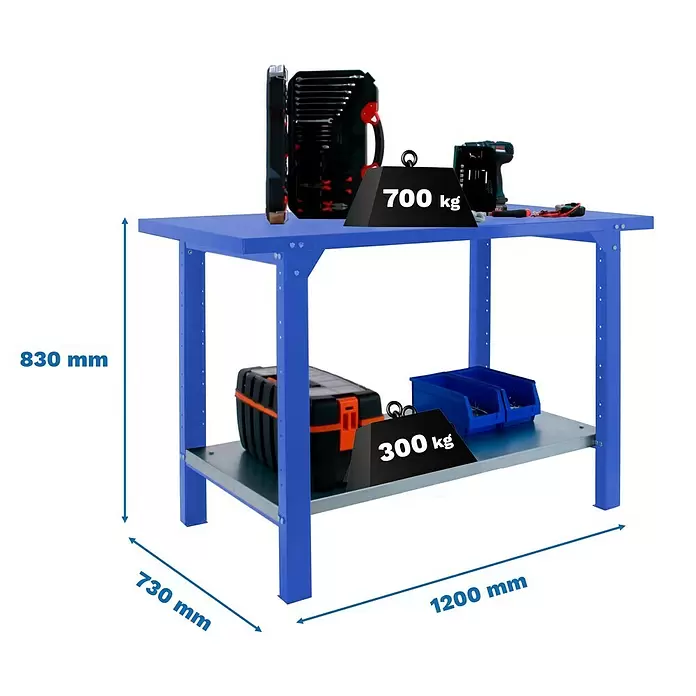 Simonrack Simonwork Werkbank BT6 PRO METAL 1200 - L x B: 73 x 120 cm, Arbeitshöhe: 83 cm, Belastbarkeit: 1.000 kg, Blau - Blaue Werkbank mit zwei Ablagen, 830x1200x730 mm. Obere Ablage 700 kg, untere 300 kg Tragkraft für schwere Arbeiten.