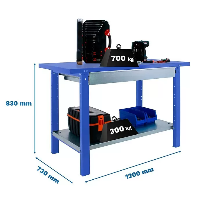 Simonrack Simonwork Werkbank BT6 PRO METAL 1BOX 1200 - L x B: 73 x 120 cm, Arbeitshöhe: 83 cm, Belastbarkeit: 1.035 kg, Blau - Blaue Metall-Werkbank, 830x730x1200 mm. Obere Ablage 700 kg, untere 300 kg Traglast.