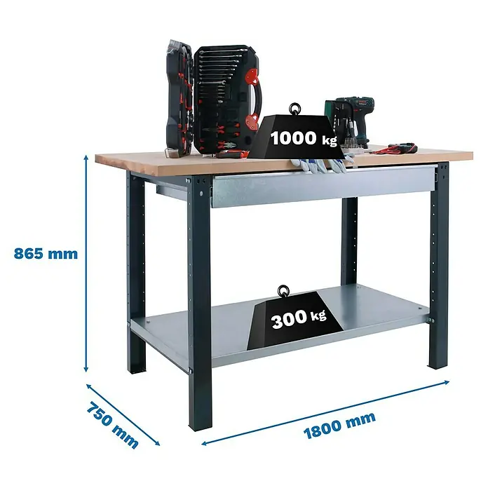 Simonrack Simonwork Werkbank BT6L PRO 1BOX 1800 - L x B: 75 x 180 cm, Arbeitshöhe: 86,5 cm, Belastbarkeit: 1.335 kg, Schwarz/Holz - Bild eines Werkstatttisches mit den Maßen 1800 mm Länge, 750 mm Breite und 865 mm Höhe. Belastbar mit 1000kg (oben) und 300kg (unten).