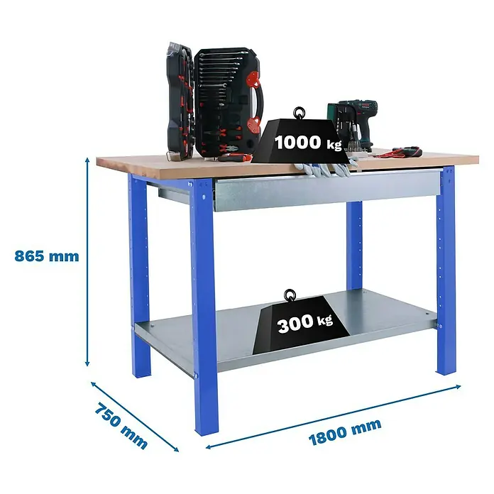 Simonrack Simonwork Werkbank BT6L PRO 1BOX 1800 - L x B: 75 x 180 cm, Arbeitshöhe: 86,5 cm, Belastbarkeit: 1.335 kg, Blau/Holz - Abbildung einer Werkbank mit den Maßen 865x750x1800 mm und einer Tragfähigkeit von 1000 kg auf der Arbeitsfläche und 300 kg auf dem Regal.