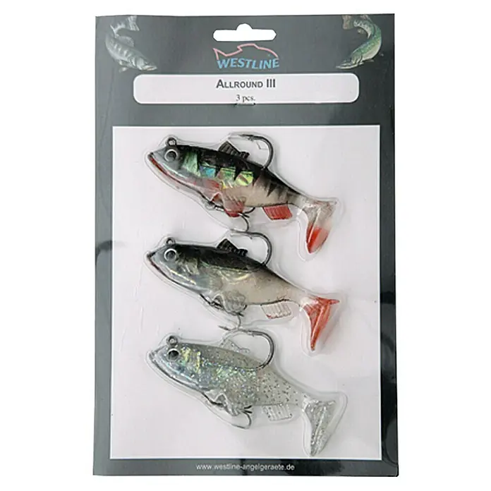 Westline Gummifisch-Set - Zielfisch: Allround, Länge: 6 cm, Mit Drilling, 3 Stk. - Packung mit drei Allround-III-Angelködern von Westline, ideal für verschiedene Angeltechniken.