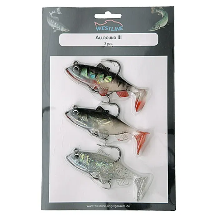 Westline Gummifisch-SetZielfisch: Allround, Länge: 6 cm, Mit Drilling, 3 Stk. - Packung mit drei Allround-III-Angelködern von Westline, ideal für verschiedene Angeltechniken.