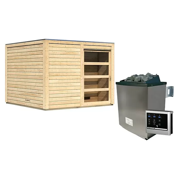 Karibu Saunahaus Cuben - 9 kW Saunaofen mit externer Steuerung, Naturbelassen, L x B x H: 276 x 276 x 210 cm - Hellholz-Saunakabine mit Metall-Saunaofen und digitalem Bedienfeld.