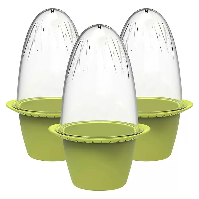 Romberg Pflanztopf Mini - Ø x H: 14,5 x 9 cm, Kunststoff, Sommergrün - Drei limettengrüne Kunststoff-Anzuchtsets mit transparenten, eiförmigen, belüfteten Hauben.