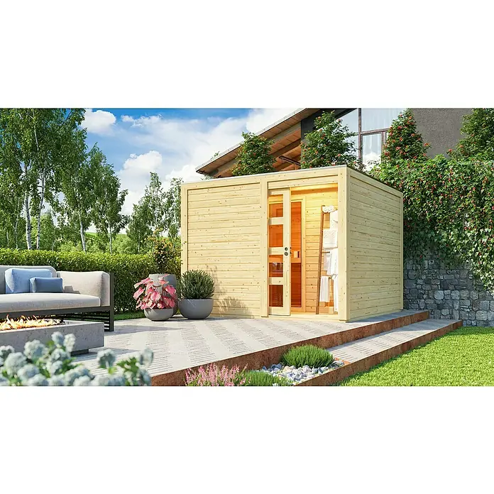 Karibu Saunahaus Cuben - Ohne Ofen, Naturbelassen, L x B x H: 276 x 276 x 210 cm - Nahaufnahme einer modernen Gartensauna mit Holzverkleidung, einladender Beleuchtung und stilvollem Außendesign für entspannende Momente.