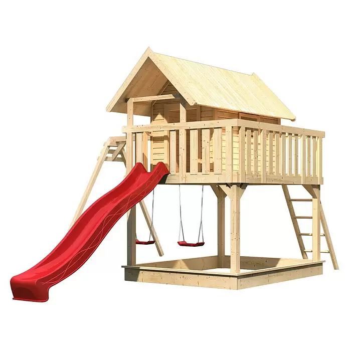 Karibu Kinderspielturm Fidel - L x B x H: 243 x 198 x 329,5 cm, Naturbelassen, Mit roter Rutsche - Holzspielplatz mit erhöhtem Spielhaus, roter Rutsche, zwei Schaukeln und einem Sandkasten.