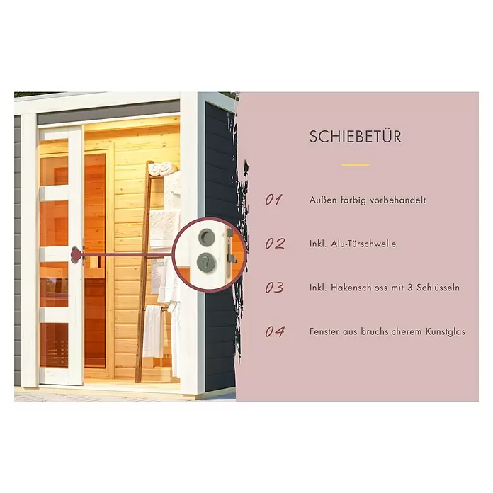 Karibu Saunahaus Cuben - 9 kW Saunaofen mit externer Steuerung, Terragrau, L x B x H: 276 x 276 x 210 cm - Schiebetür für Gartenhaus oder Sauna, farbig vorbehandelt, mit Aluschwelle und Hakenschloss.