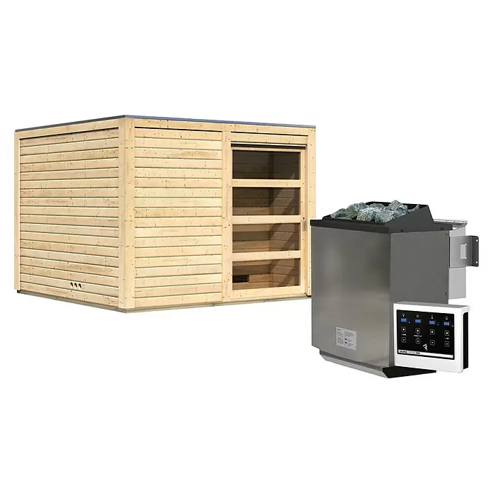 Karibu Saunahaus Cuben - 9 kW Bio-Saunaofen mit externer Steuerung, Naturbelassen, L x B x H: 276 x 276 x 210 cm - Hölzerne Saunakabine und metallischer Saunaofen mit digitalem Bedienfeld.