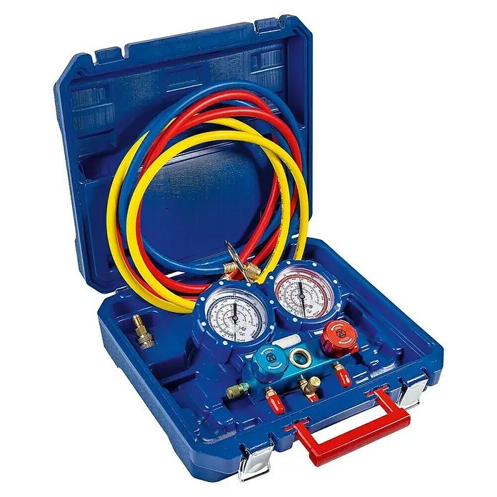 ZimaKlima Manómetro universal Plus - Aire acondicionado, 8 mm - Juego de manómetros para aire acondicionado en maletín azul con mangueras de colores para medir la presión.