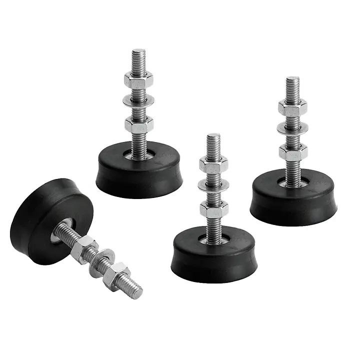 ZimaKlima Amortiguador de vibraciones para suelo S60 - Negro, 4 ud. - Vista del producto de cuatro pies niveladores con base de goma y perno roscado, ideal para muebles o equipos.