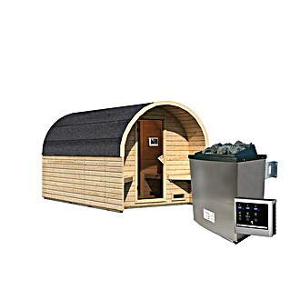 Karibu Fasssauna (L x B x H: 385 x 219 x 229 cm, 9 kW Saunaofen mit externer Steuerung)