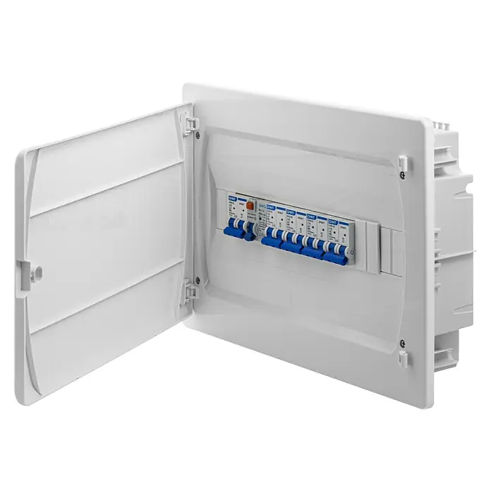 Ibelec Cuadro eléctrico de superficie - Número de hileras: 1 ud., 42,4 x 28,4 cm, Gris - Imagen de un panel eléctrico blanco con la puerta abierta mostrando los interruptores automáticos en su interior.\n