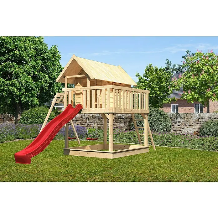 Karibu Kinderspielturm Fidel - L x B x H: 243 x 198 x 329,5 cm, Naturbelassen, Mit roter Rutsche - Ein zweistöckiges Spielhaus mit Rutsche, Schaukel und Sandkasten im Garten. Ideal für stundenlangen Spielspaß im Freien.