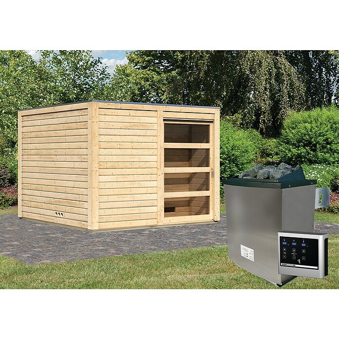 Karibu Saunahaus Cuben (9 kW Saunaofen mit externer Steuerung, Natur, L x B x H: 276 x 276 x 210 cm) | BAUHAUS