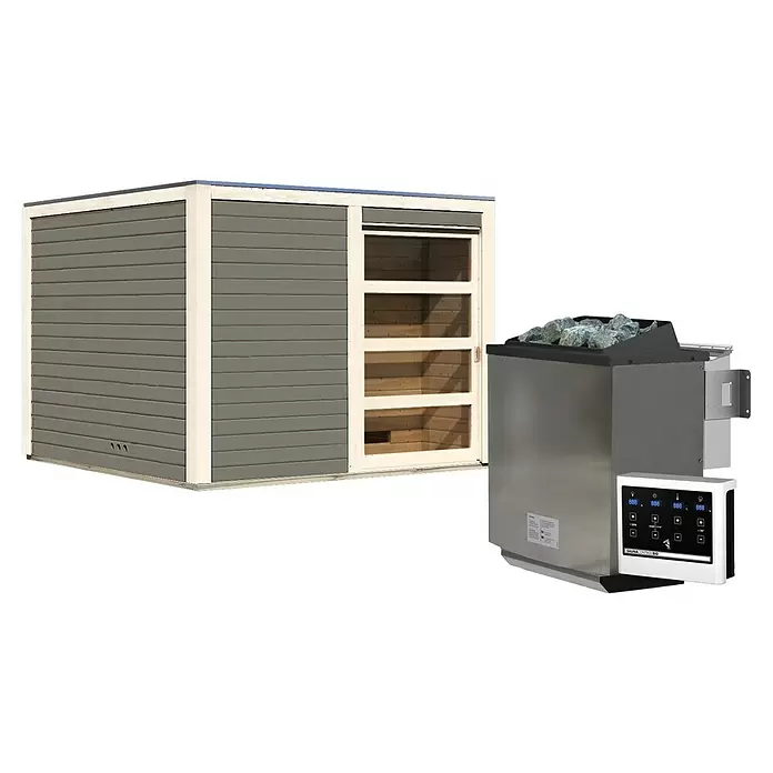 Karibu Saunahaus Cuben - 9 kW Bio-Saunaofen mit externer Steuerung, Terragrau, L x B x H: 276 x 276 x 210 cm - Eine graue Holzsaunakabine mit Glastür, begleitet von einem metallischen Saunaofen mit Steinen und digitalem Bedienfeld.