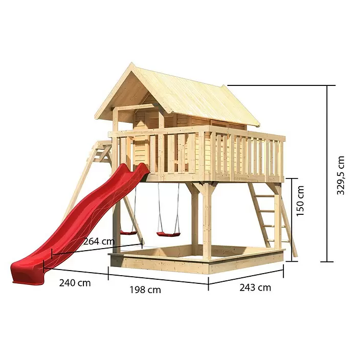 Karibu Kinderspielturm Fidel - L x B x H: 243 x 198 x 329,5 cm, Naturbelassen, Mit roter Rutsche - Hölzerner Spielplatz mit erhöhtem Spielhaus, roter Rutsche, zwei Schaukeln und integriertem Sandkasten. Aus hellem Naturholz gefertigt.