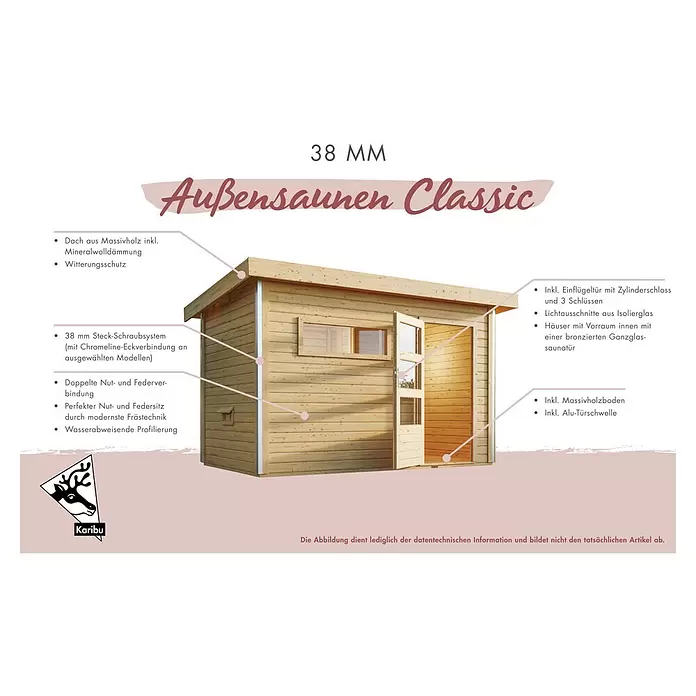 Karibu Saunahaus Angkor - Elektroofen, Steuerung Ofen: Extern, L x B x H: 276 x 191 x 231,5 cm - Klassische Außensauna aus hellem Holz mit Flachdach und Vorraum.