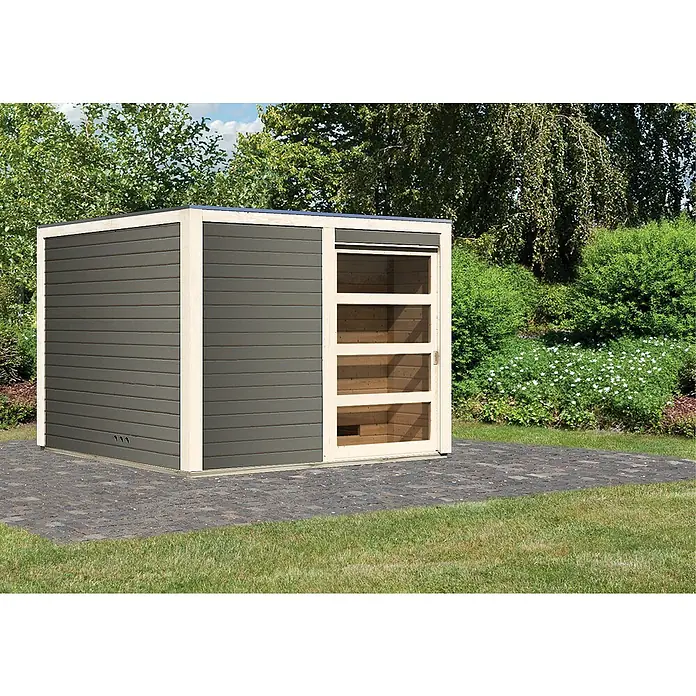 Karibu Saunahaus Cuben - Ohne Ofen, Terragrau, L x B x H: 276 x 276 x 210 cm - Moderne Gartenbox mit Schiebetür und Holzverkleidung auf gepflastertem Untergrund. Praktische Aufbewahrungslösung für den Außenbereich.