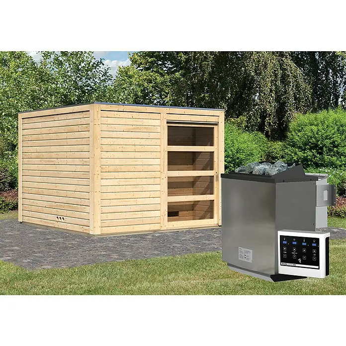Karibu Saunahaus Cuben - 9 kW Bio-Saunaofen mit externer Steuerung, Naturbelassen, L x B x H: 276 x 276 x 210 cm - Ein modernes Saunahaus mit Holzverkleidung und ein Saunaofen mit digitaler Steuerung im Garten.