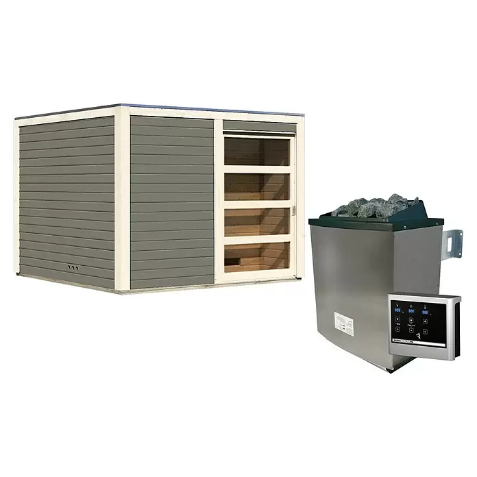 Karibu Saunahaus Cuben - 9 kW Saunaofen mit externer Steuerung, Terragrau, L x B x H: 276 x 276 x 210 cm - Graue Holzsaunakabine mit Glastür und ein Saunaofen aus Edelstahl mit Bedienfeld.