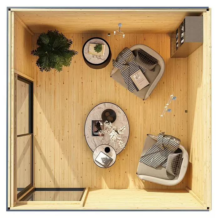 Karibu Gartenhaus Dice 1 - Außenmaß inkl. Dachüberstand (B x T): 308 x 308 cm, Holz, Naturbelassen - Draufsicht auf modernes Holzzimmer mit zwei Sesseln, Marmortischen und Pflanze, ideal für gemütlichen Arbeits- oder Loungebereich.