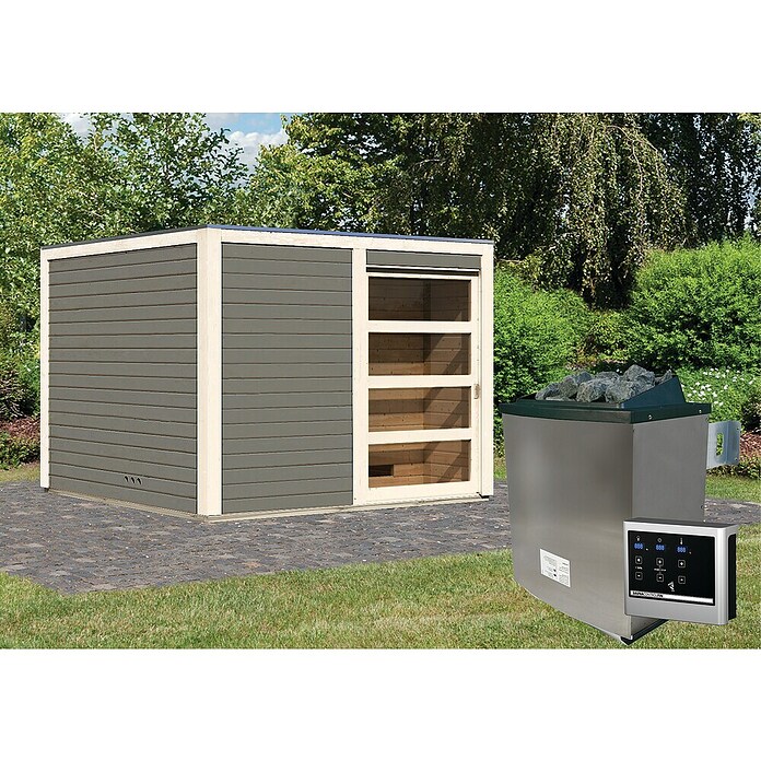 Karibu Saunahaus Cuben (9 kW Saunaofen mit externer Steuerung, Terragrau, L x B x H: 276 x 276 x 210 cm) | BAUHAUS